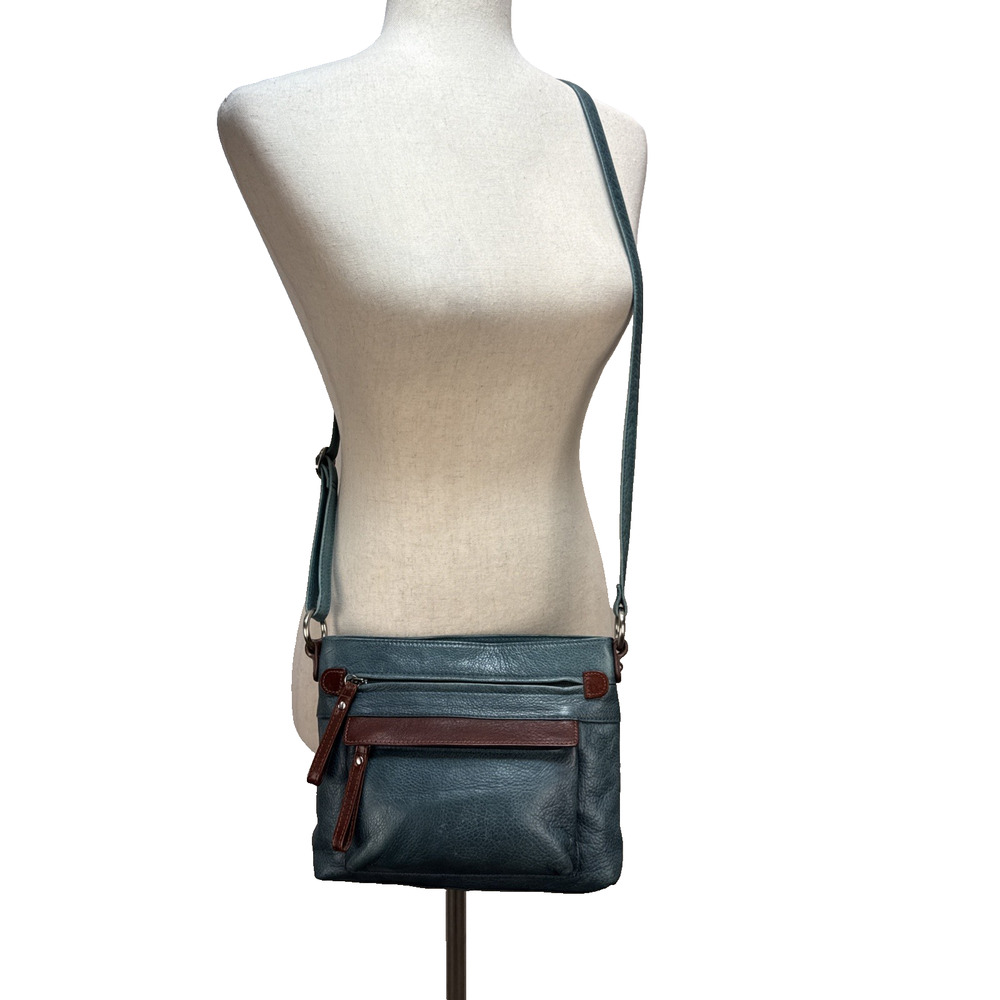 Osgoode Marley Two Tone Leather Crossbody Bag Purse Teal Blue Brown Multi Pocket